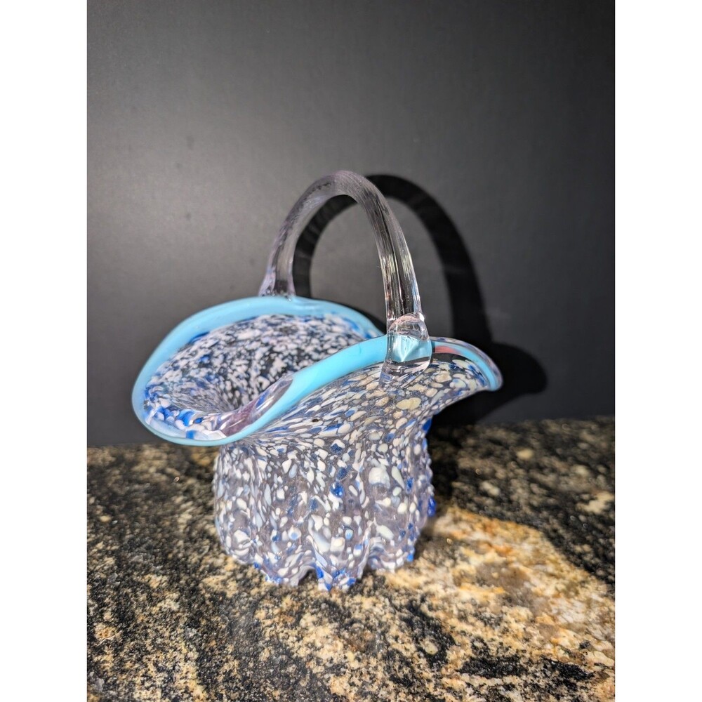 Speckled Glass Basket Vintage Decorative White And Blue With Handle